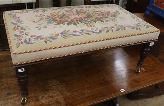 A Victorian style rectangular stool with needlework top W.103cm